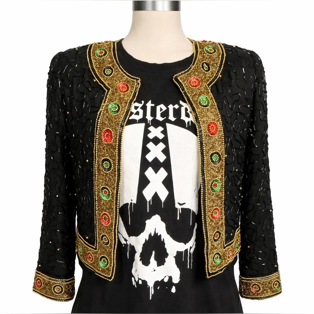 Vintage beaded Kazar silk jacket, black, gold, jewel tone. S-M